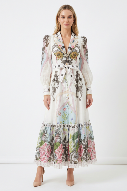 Floral Lace-Up Tailored Collar Midi Dress