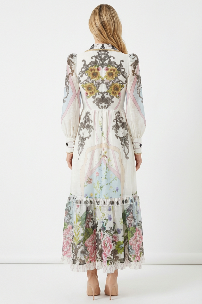 Floral Lace-Up Tailored Collar Midi Dress