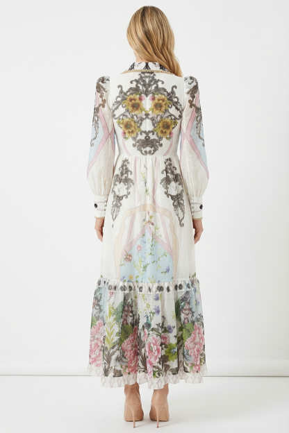 Floral Lace-Up Tailored Collar Midi Dress