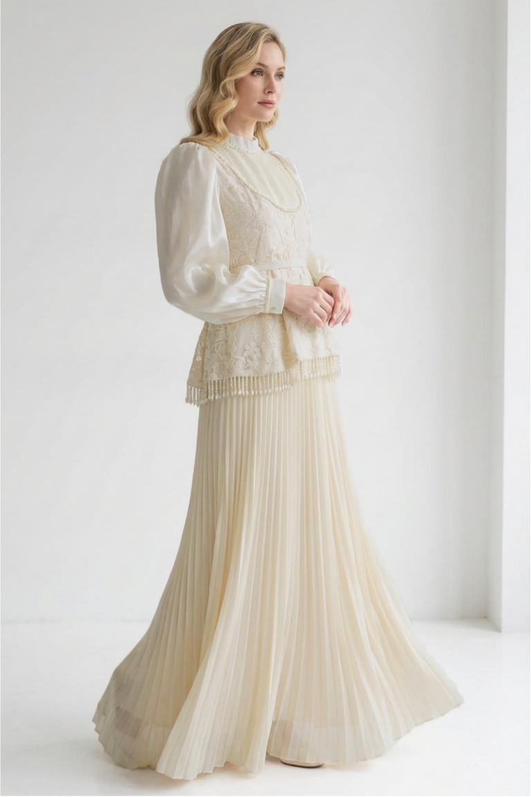 Faux Pearl Lace  Pleated Midi Dress