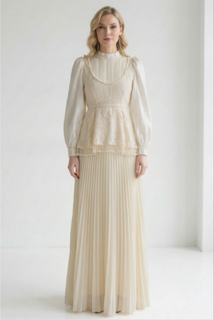 Faux Pearl Lace  Pleated Midi Dress