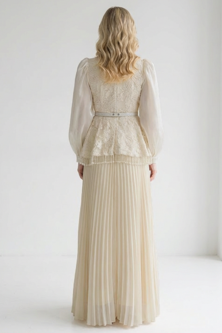 Faux Pearl Lace  Pleated Midi Dress