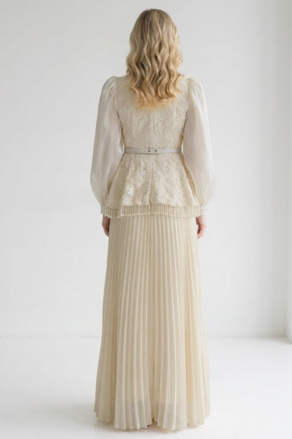 Faux Pearl Lace  Pleated Midi Dress