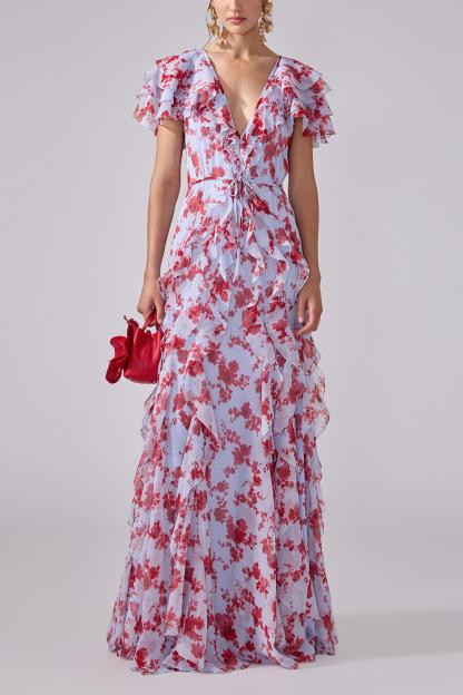 Floral Chiffon Ruffle Maxi Dress