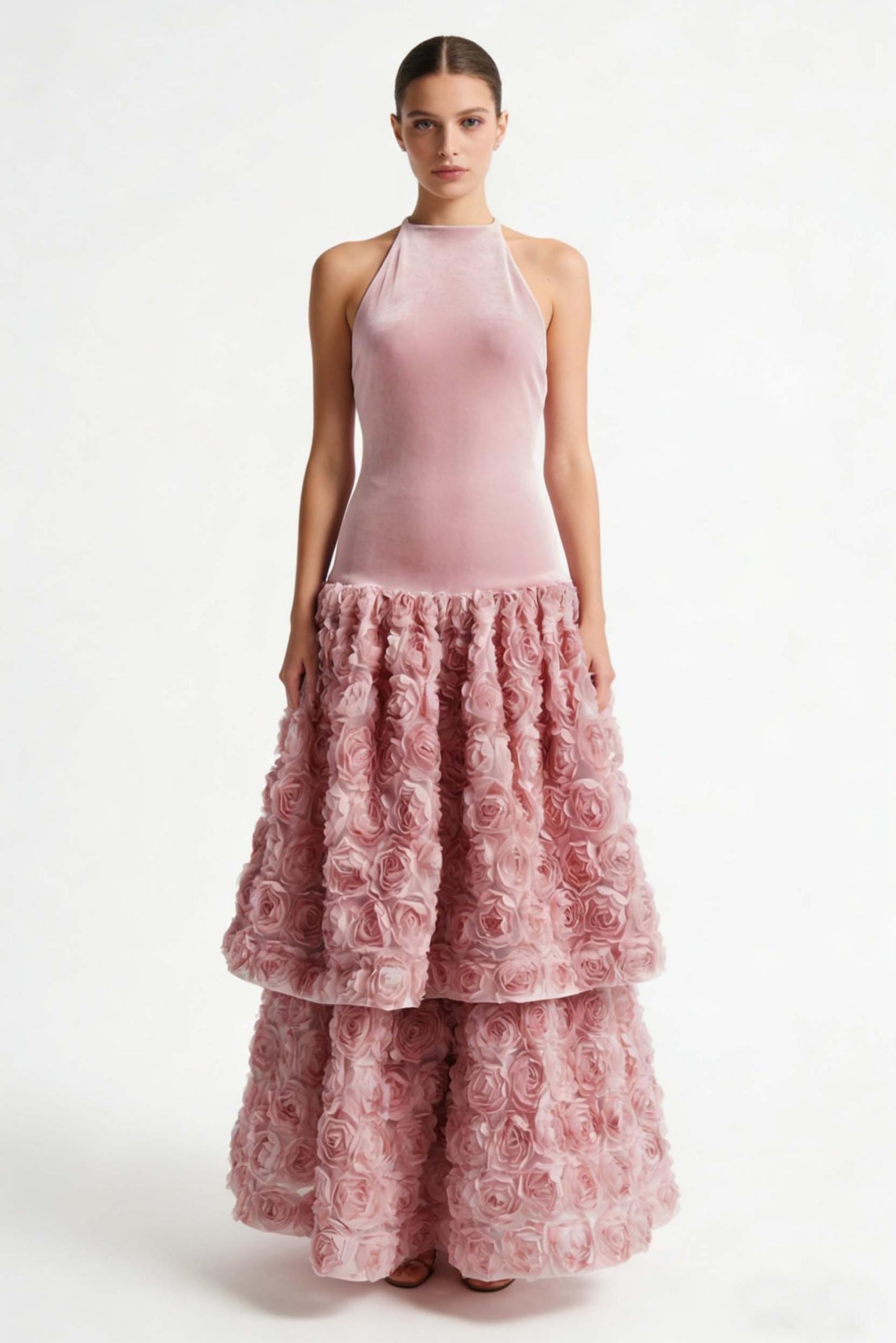 Velvet 3D Flower Halter Neck Midi Dress