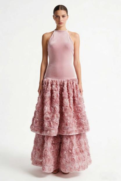 Velvet 3D Flower Halter Neck Midi Dress