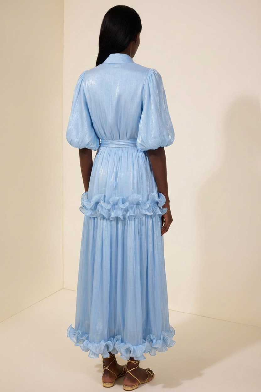 Frill Gathering Puff Sleeve Maxi Dress