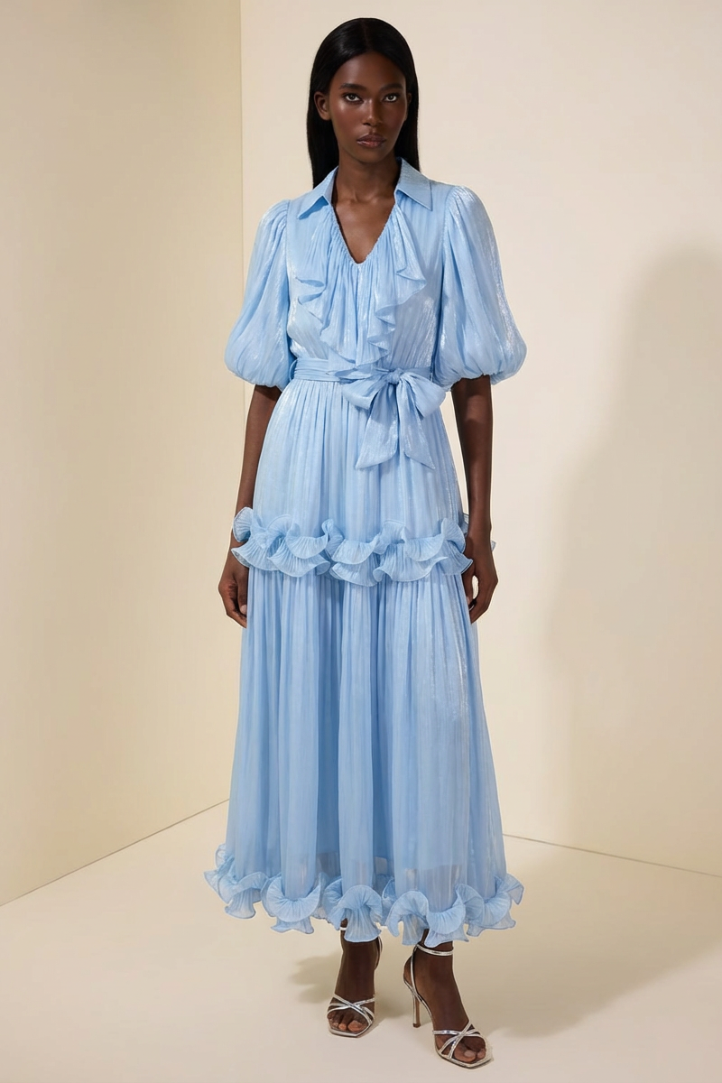 Frill Gathering Puff Sleeve Maxi Dress