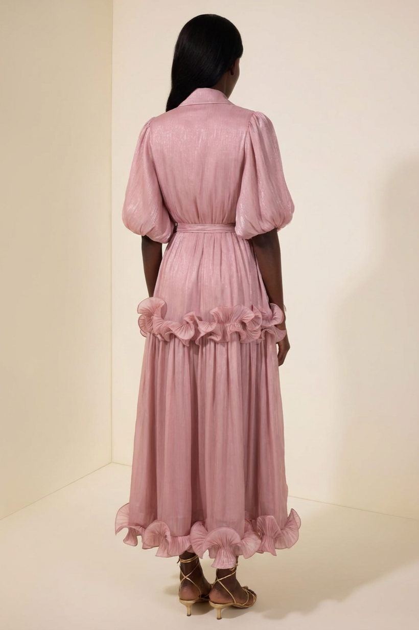 Frill Gathering Puff Sleeve Maxi Dress