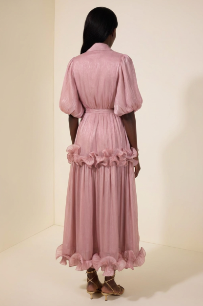 Frill Gathering Puff Sleeve Maxi Dress