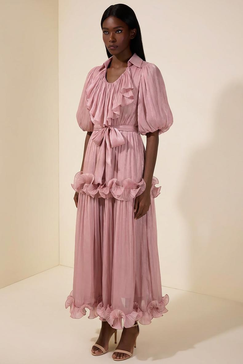 Frill Gathering Puff Sleeve Maxi Dress