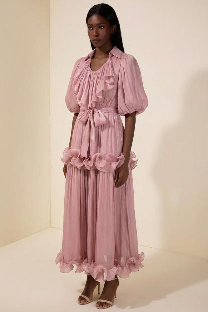 Frill Gathering Puff Sleeve Maxi Dress