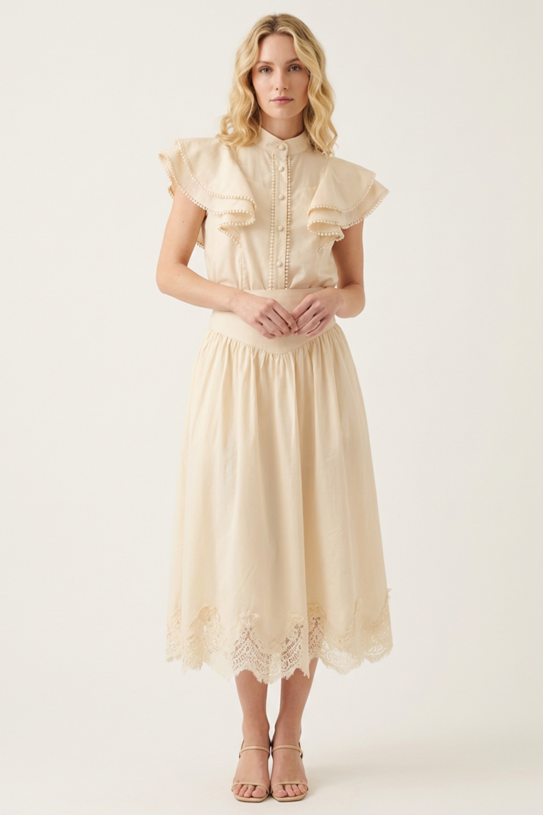 Ruffle Lace Top & Hight Waist Midi Skirt Set