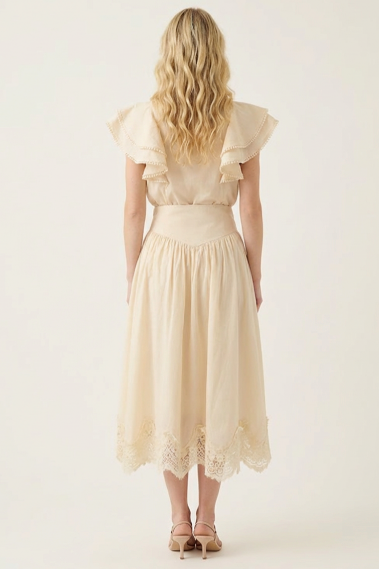 Ruffle Lace Top & Hight Waist Midi Skirt Set