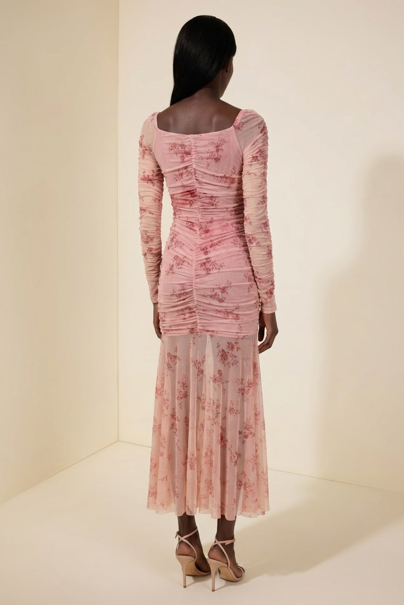 Burnout Velour Gathering Sweetheart Neck Midi Dress