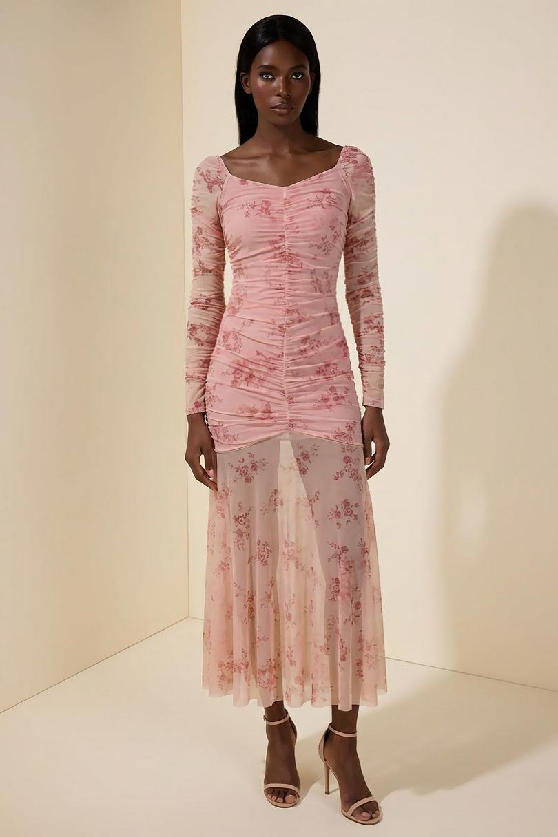 Burnout Velour Gathering Sweetheart Neck Midi Dress