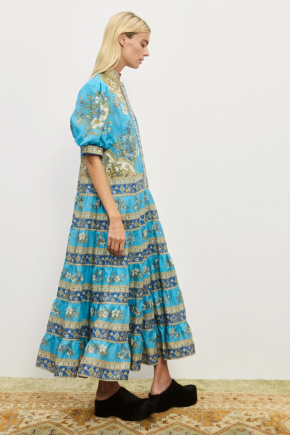 Paisley Print Stand Collar Puff Sleeve Midi Dress