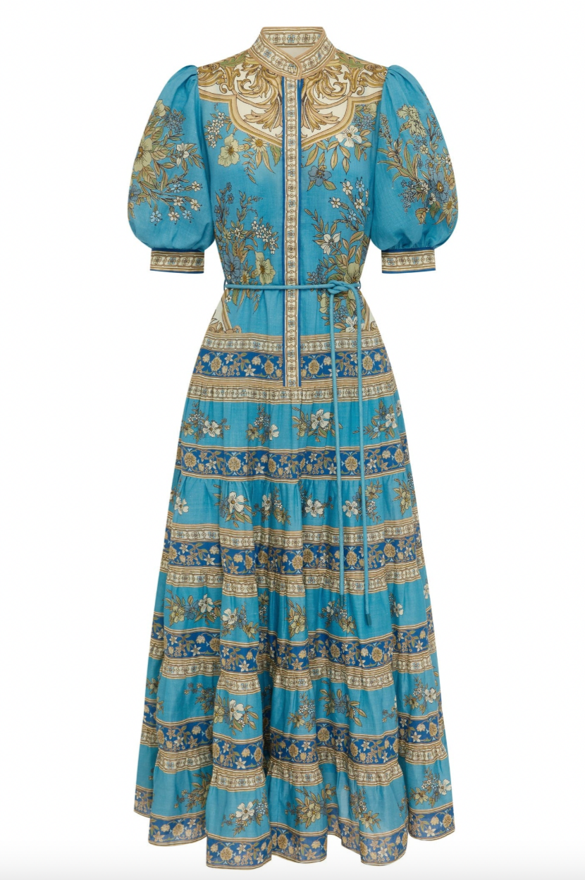 Paisley Print Stand Collar Puff Sleeve Midi Dress