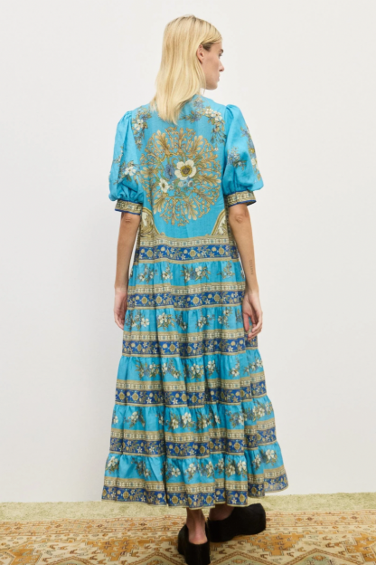 Paisley Print Stand Collar Puff Sleeve Midi Dress