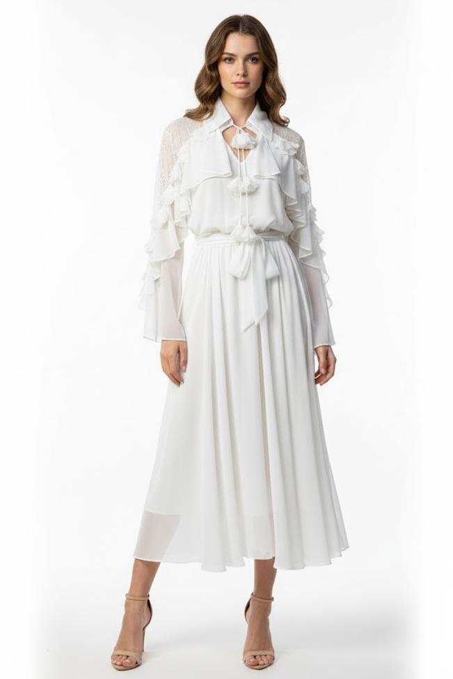 Lace 3D Flower Ruffle Midi Dress