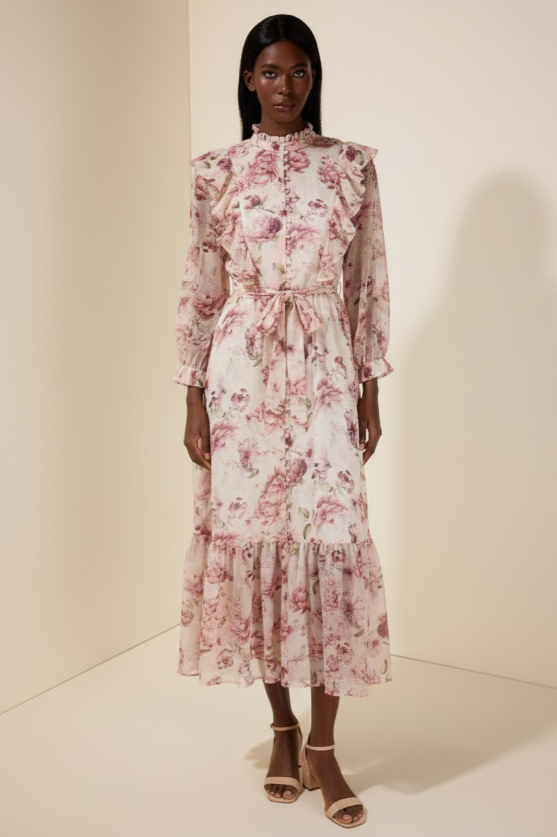 Floral Ruffle Maxi Dress With Belt