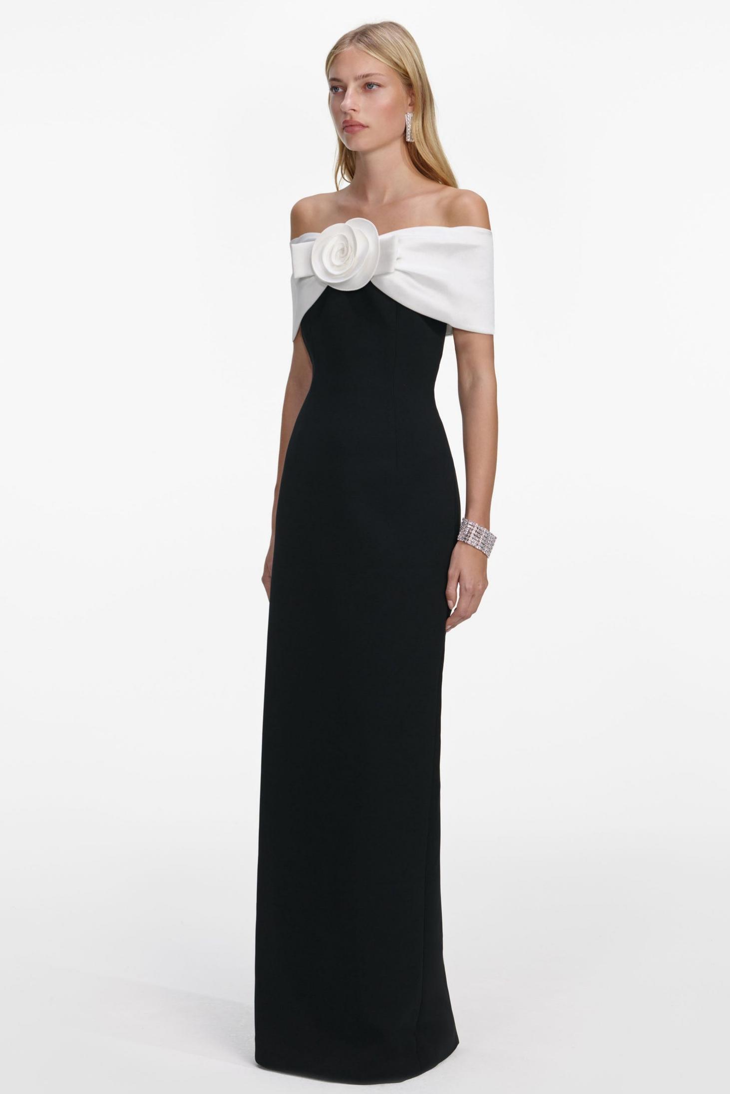 Contrast Color Off Shoulder 3D Flower Maxi Dress