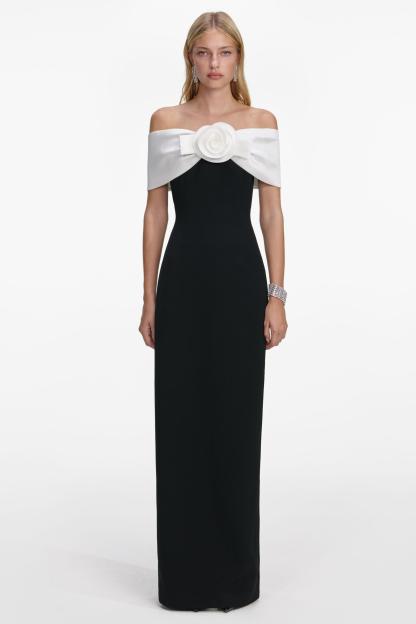 Contrast Color Off Shoulder 3D Flower Maxi Dress