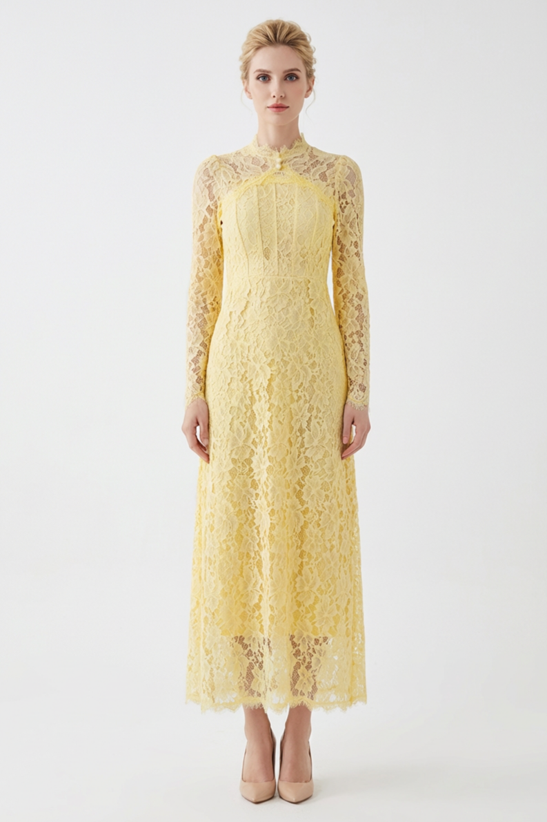 Lace Tie-Up Long Sleeve Maxi Dress