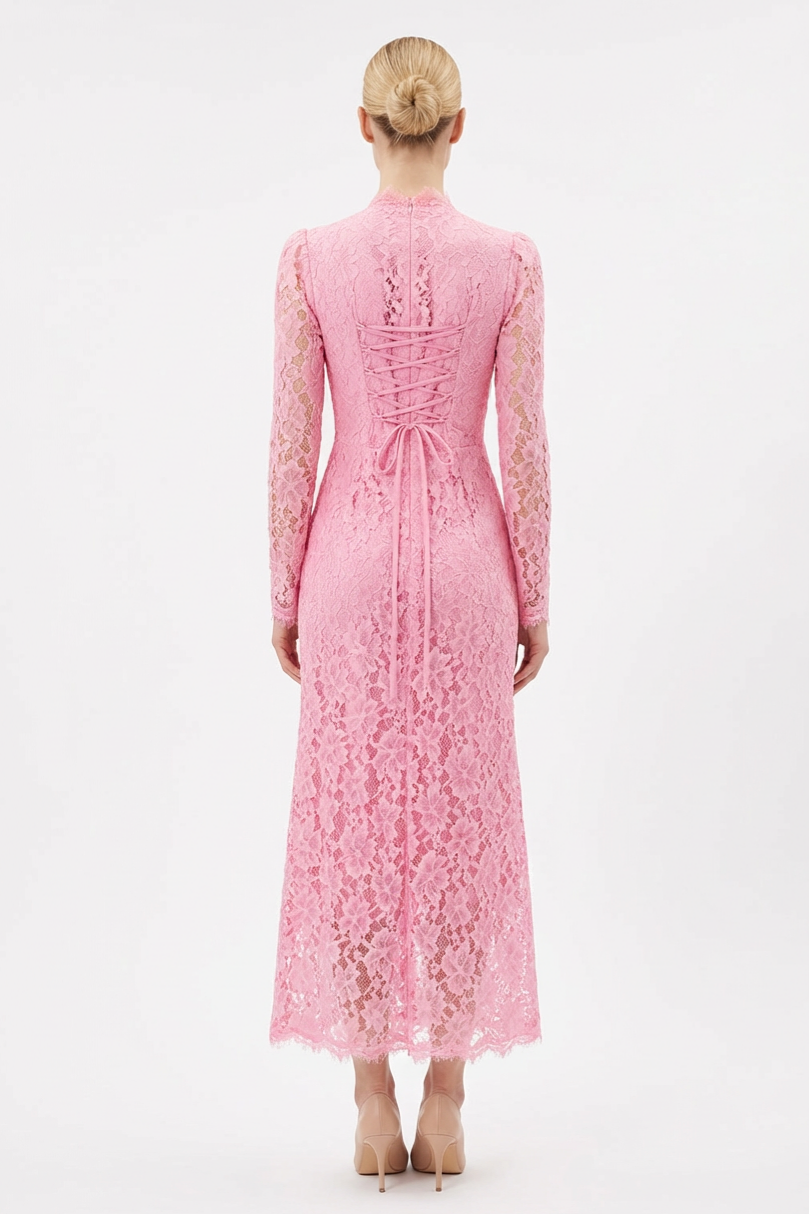 Lace Tie-Up Long Sleeve Maxi Dress