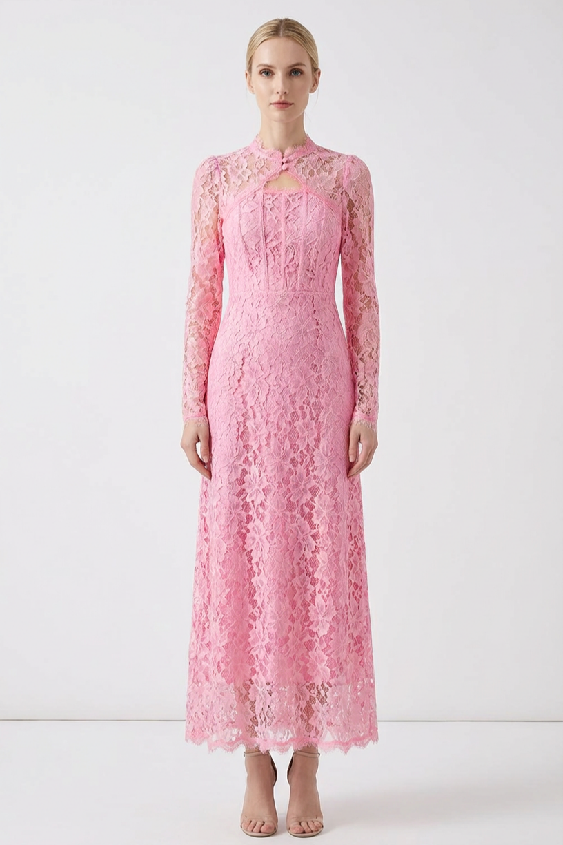 Lace Tie-Up Long Sleeve Maxi Dress