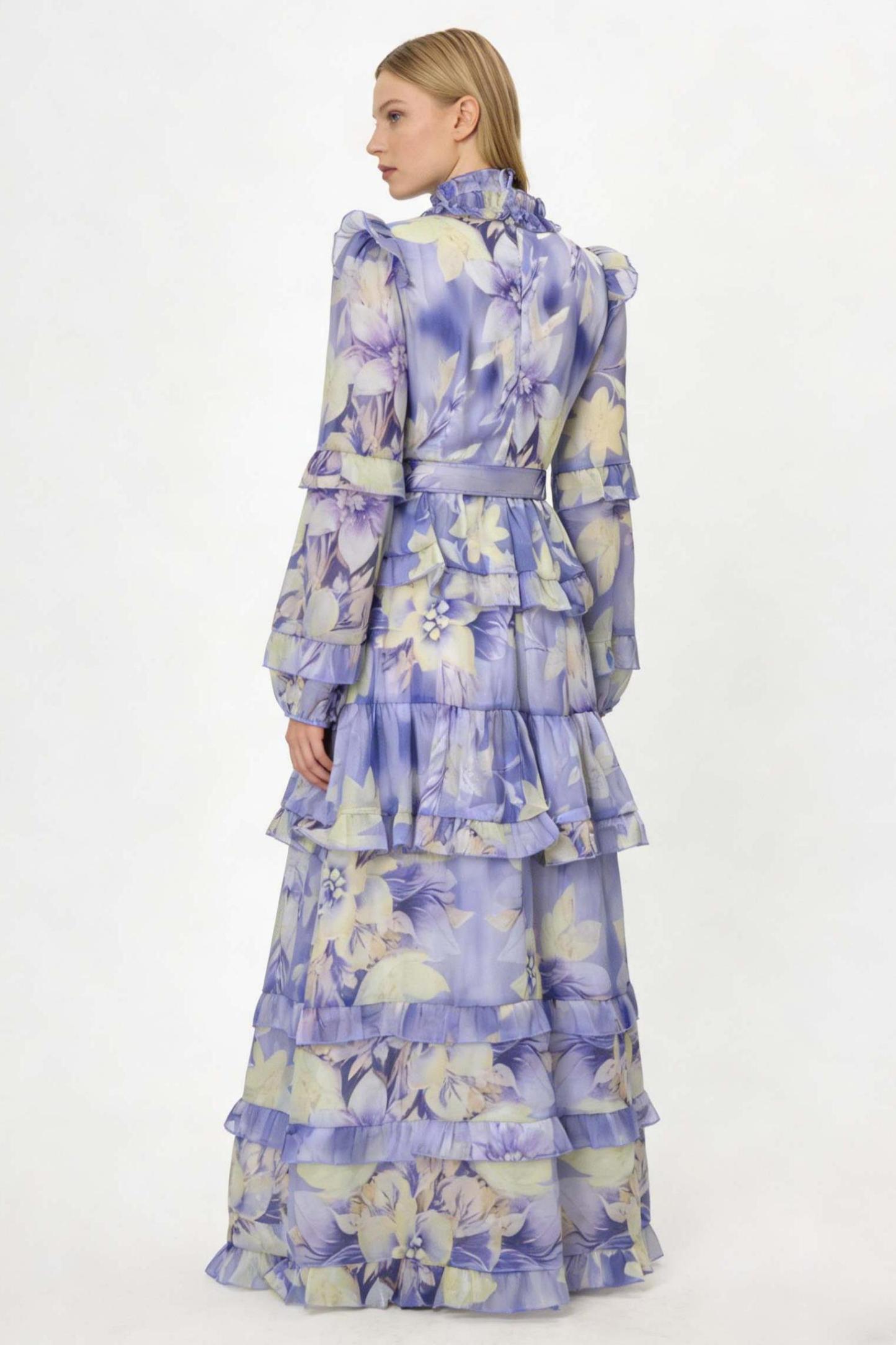 Floral Ruffle Maxi Dress With Belt