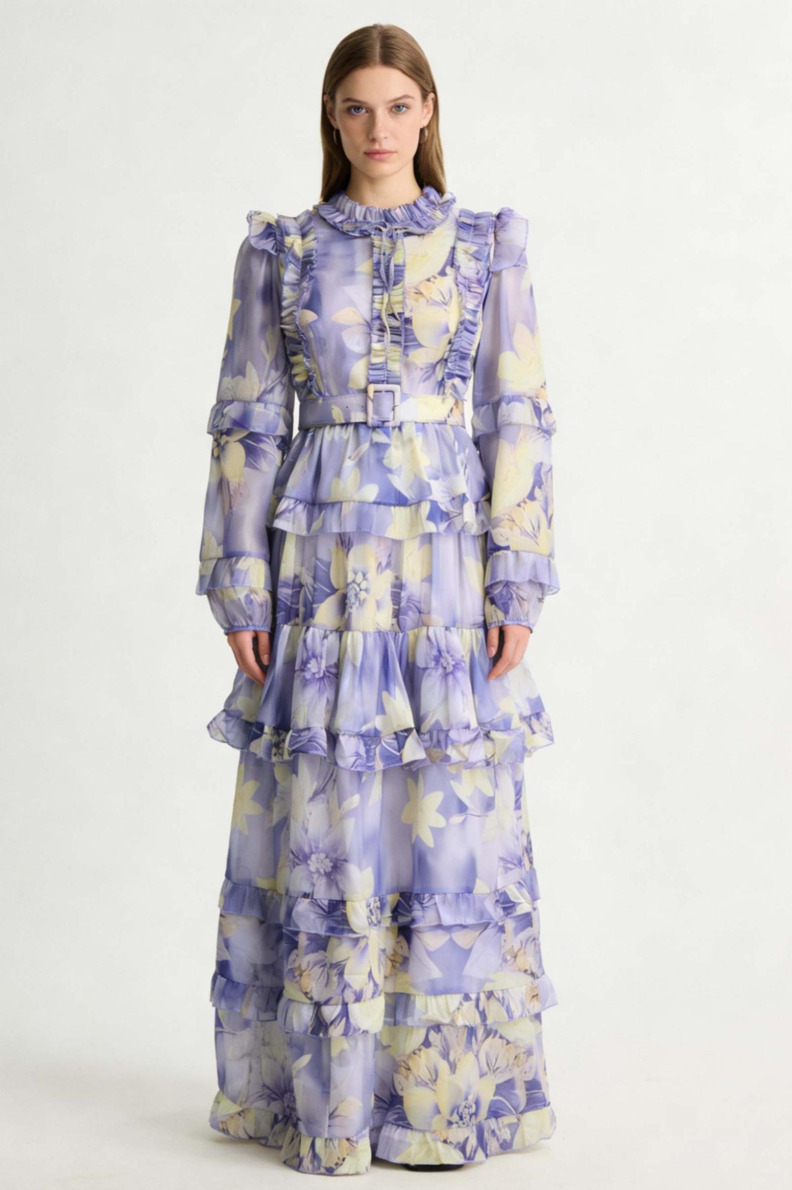 Floral Ruffle Maxi Dress With Belt