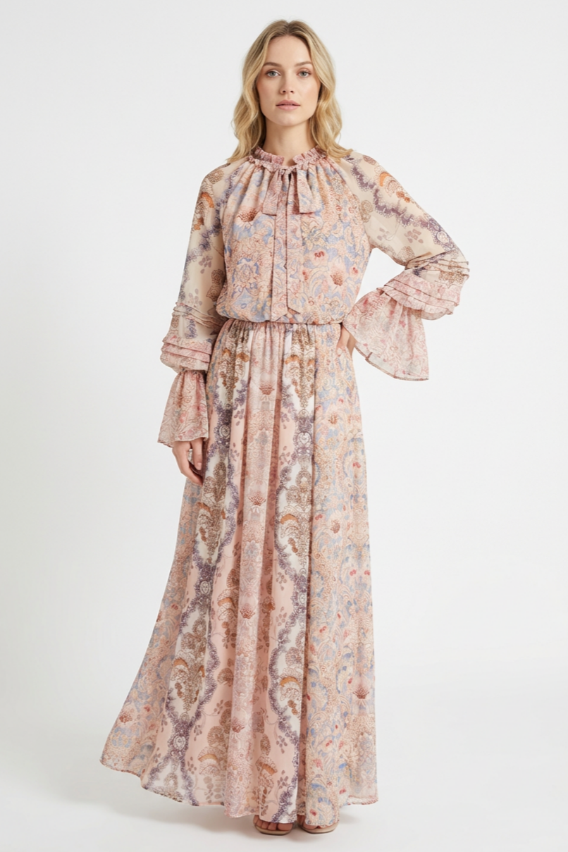 Floral Tie-Up Single Breasted Top & Maxi Skirt Set