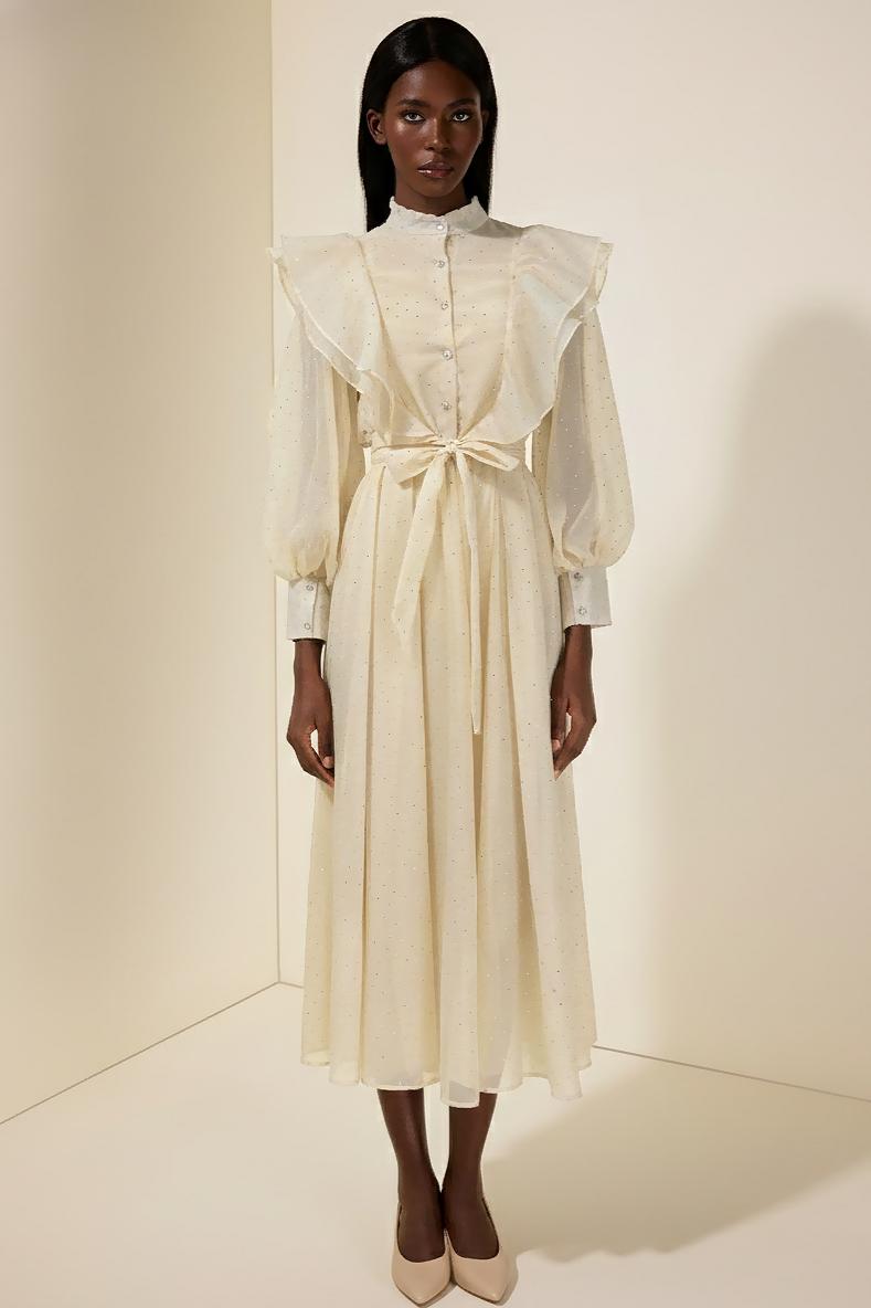 Chiffon Rhinestone Ruffle Maxi Dress With Belt