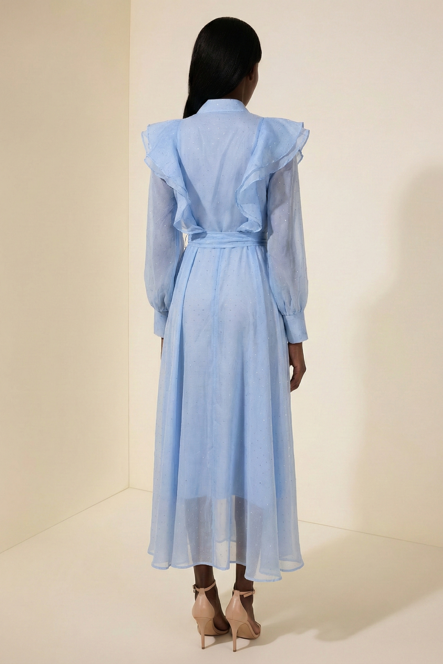 Chiffon Rhinestone Ruffle Maxi Dress With Belt