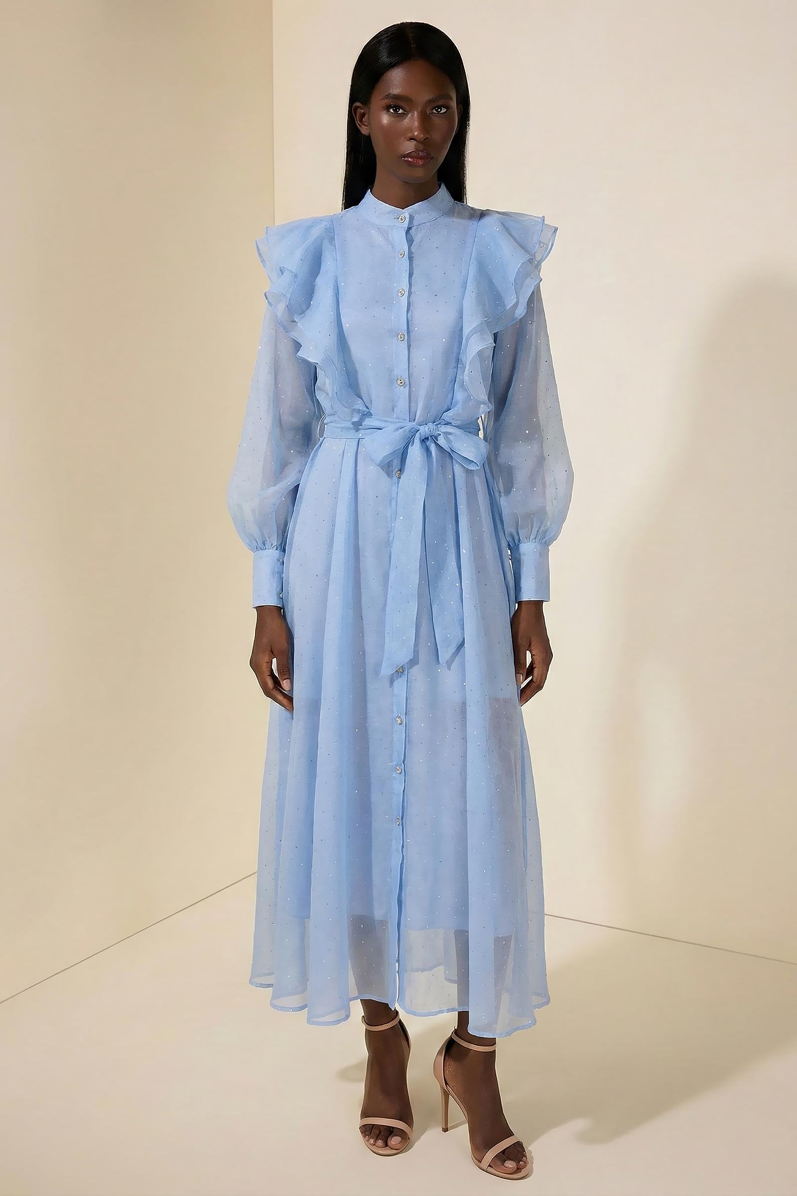 Chiffon Rhinestone Ruffle Maxi Dress With Belt