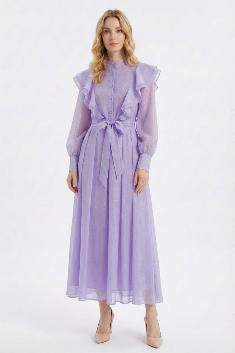 Chiffon Rhinestone Ruffle Maxi Dress With Belt