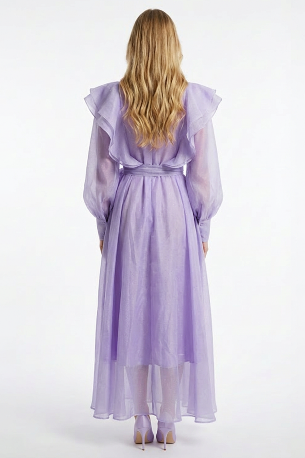 Chiffon Rhinestone Ruffle Maxi Dress With Belt