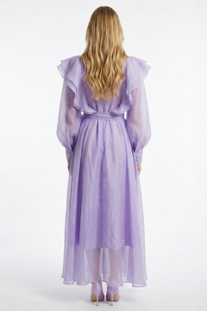 Chiffon Rhinestone Ruffle Maxi Dress With Belt