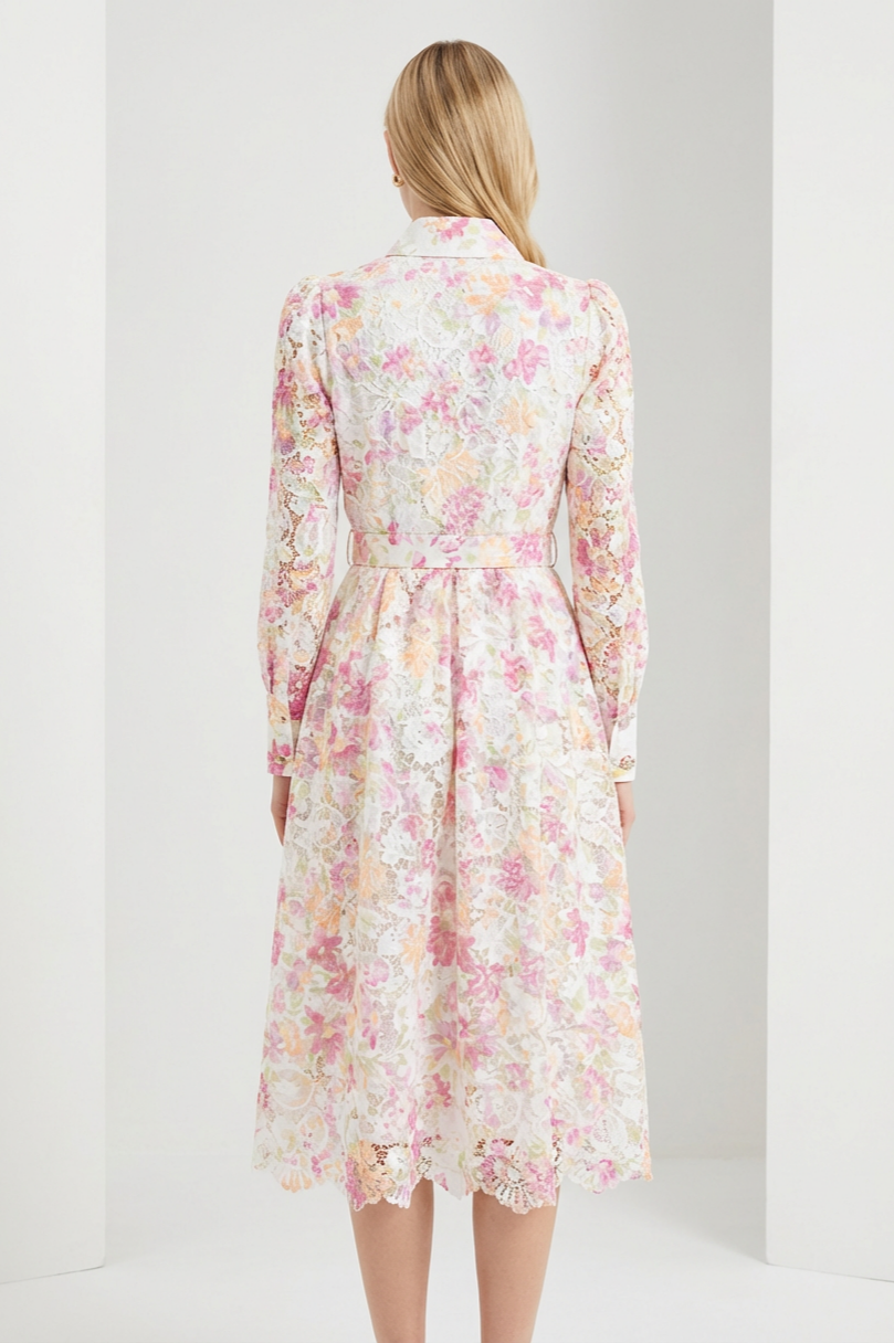 Lace Floral Single Breasted Midi Dress With Belt