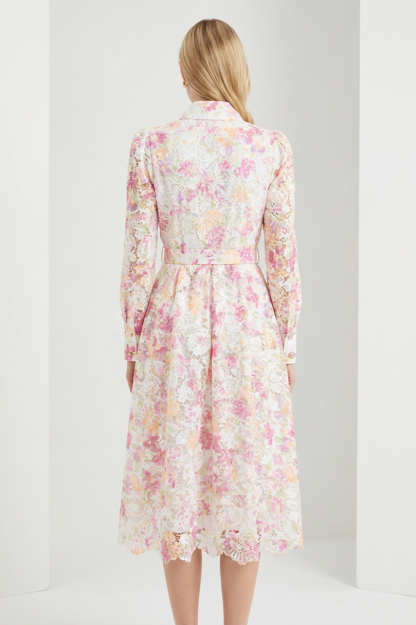 Lace Floral Single Breasted Midi Dress With Belt