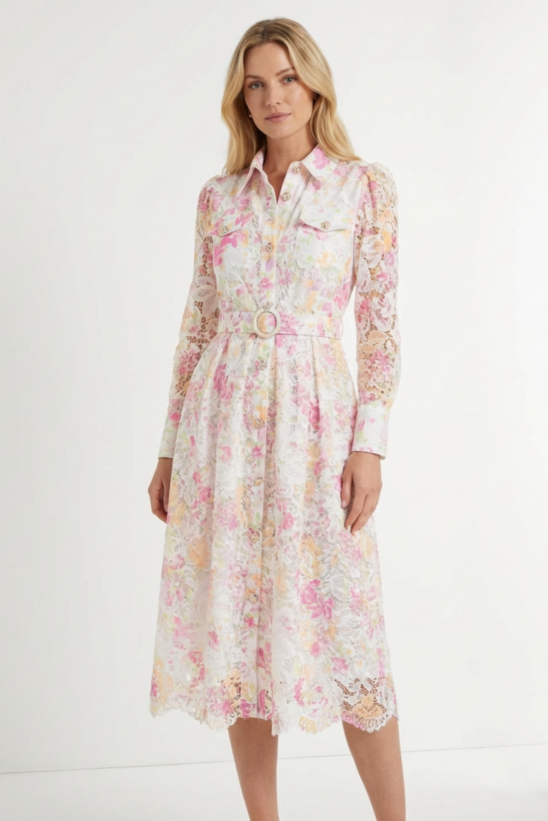 Lace Floral Single Breasted Midi Dress With Belt