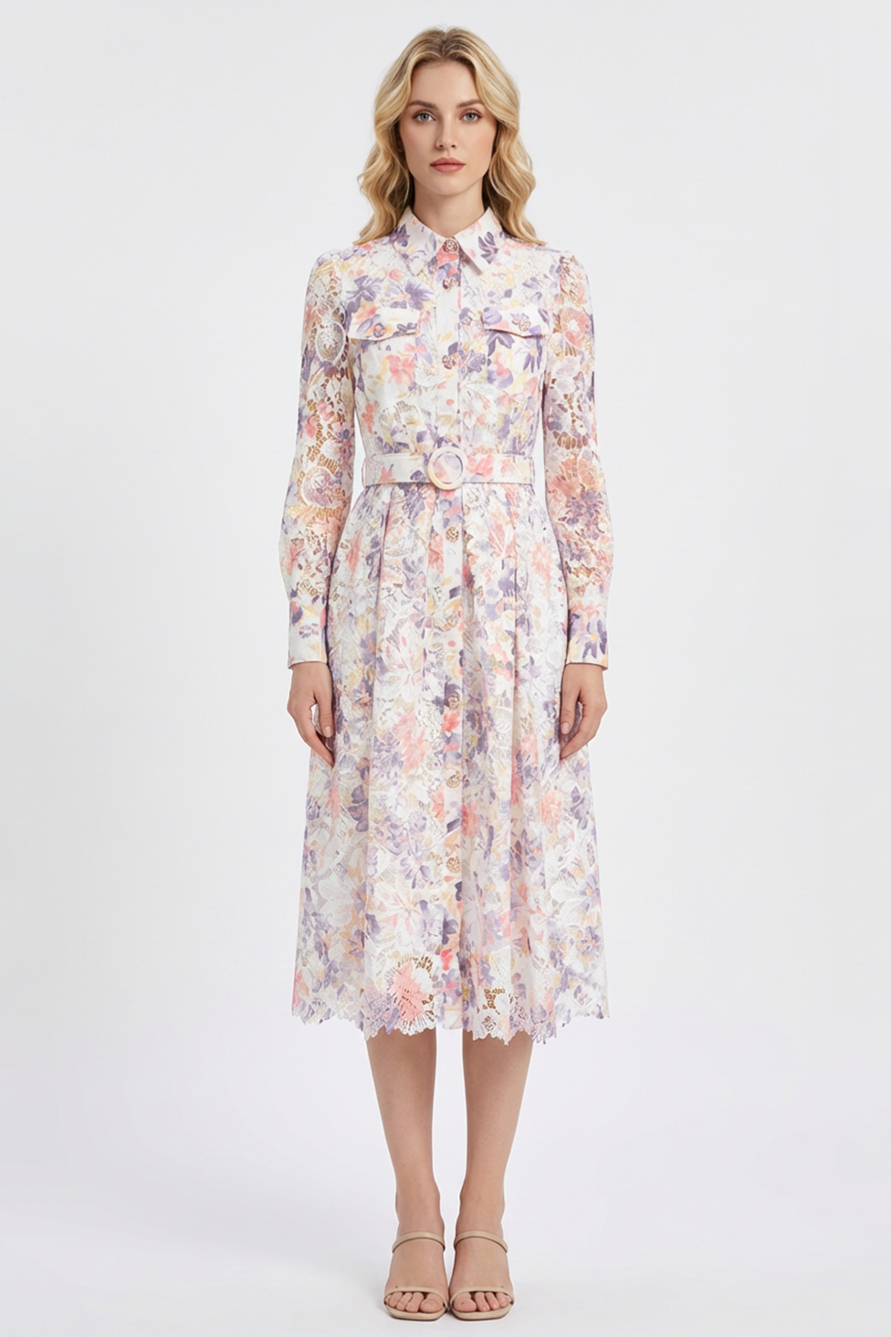 Lace Floral Single Breasted Midi Dress With Belt