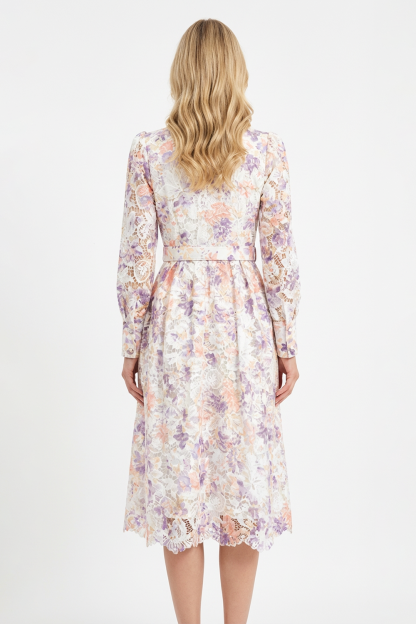 Lace Floral Single Breasted Midi Dress With Belt
