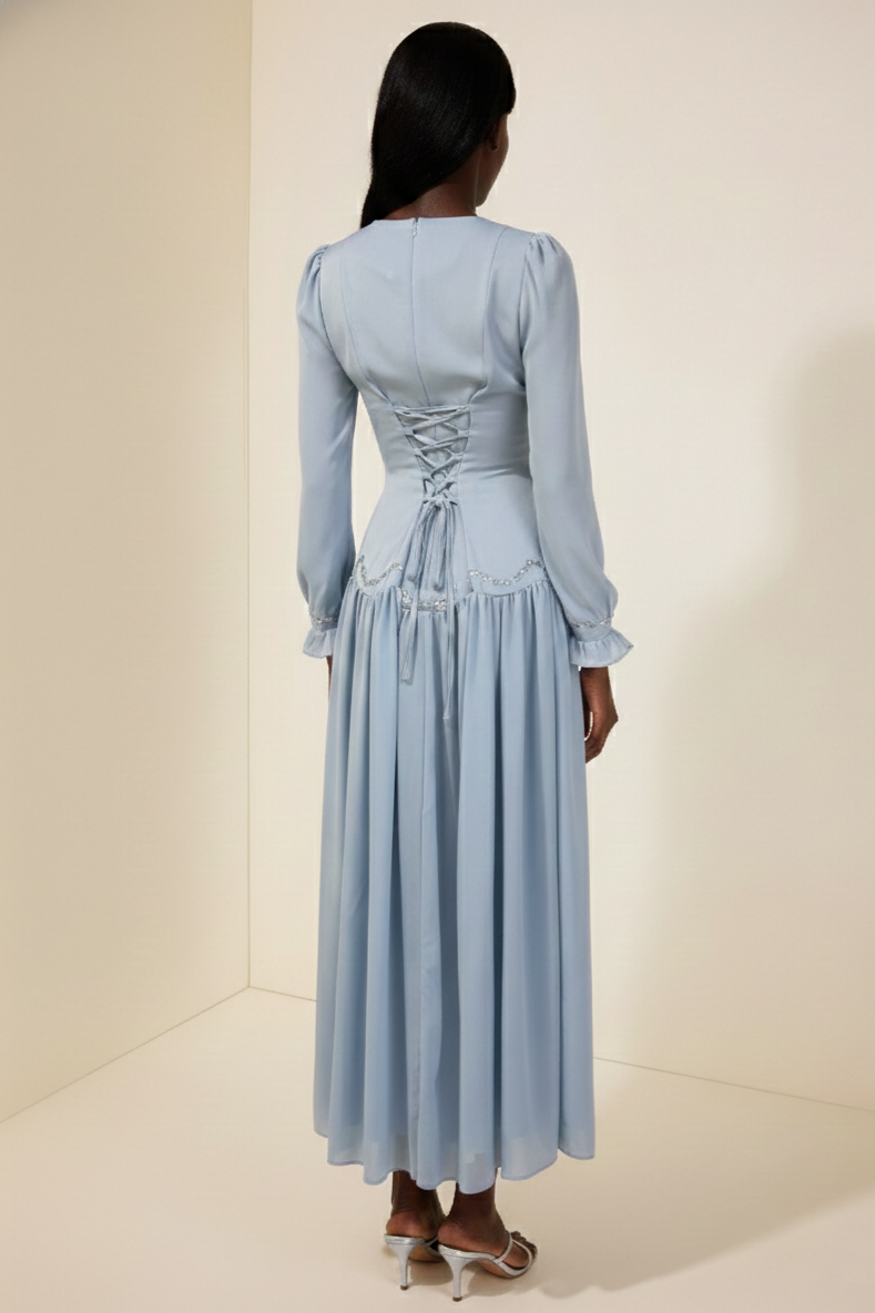 Satin Splicing Chiffon Rhinestone Maxi Dress