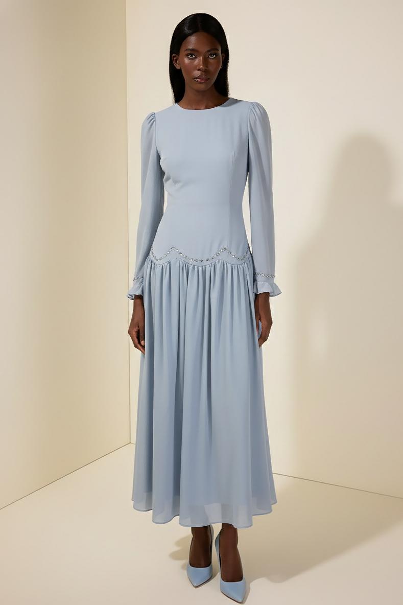 Satin Splicing Chiffon Rhinestone Maxi Dress