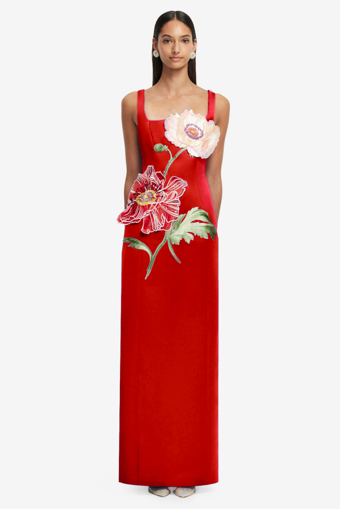 Satin Embroidered Square Collar Maxi Dress