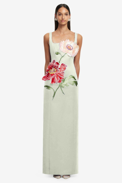 Satin Embroidered Square Collar Maxi Dress