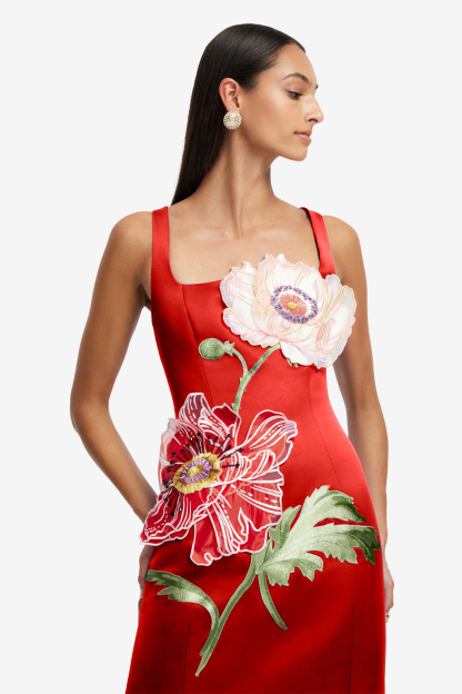 Satin Embroidered Square Collar Maxi Dress