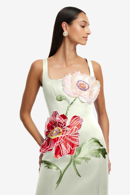 Satin Embroidered Square Collar Maxi Dress